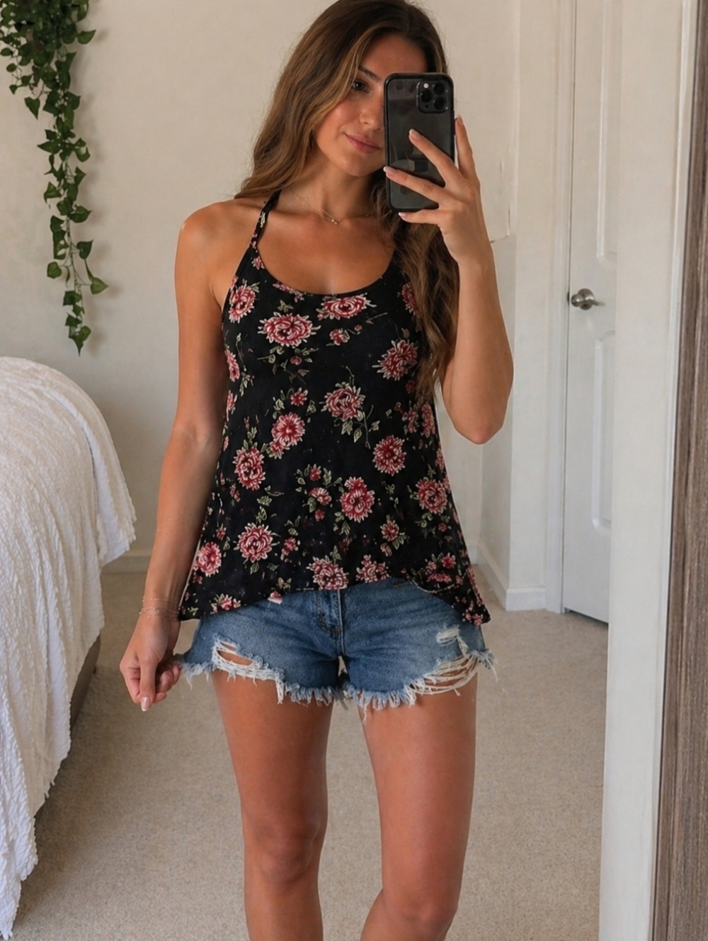 Floral Tank Top & Frayed Shorts Outfit